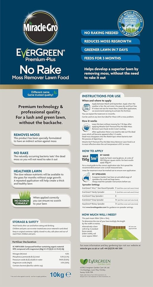 MiracleGro EverGreen 10kg Premium Plus No Rake Moss Remover Lawn Food