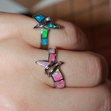 fire opal ring gems silver jewelry 5.5 8 wedding engagement abstract band N7