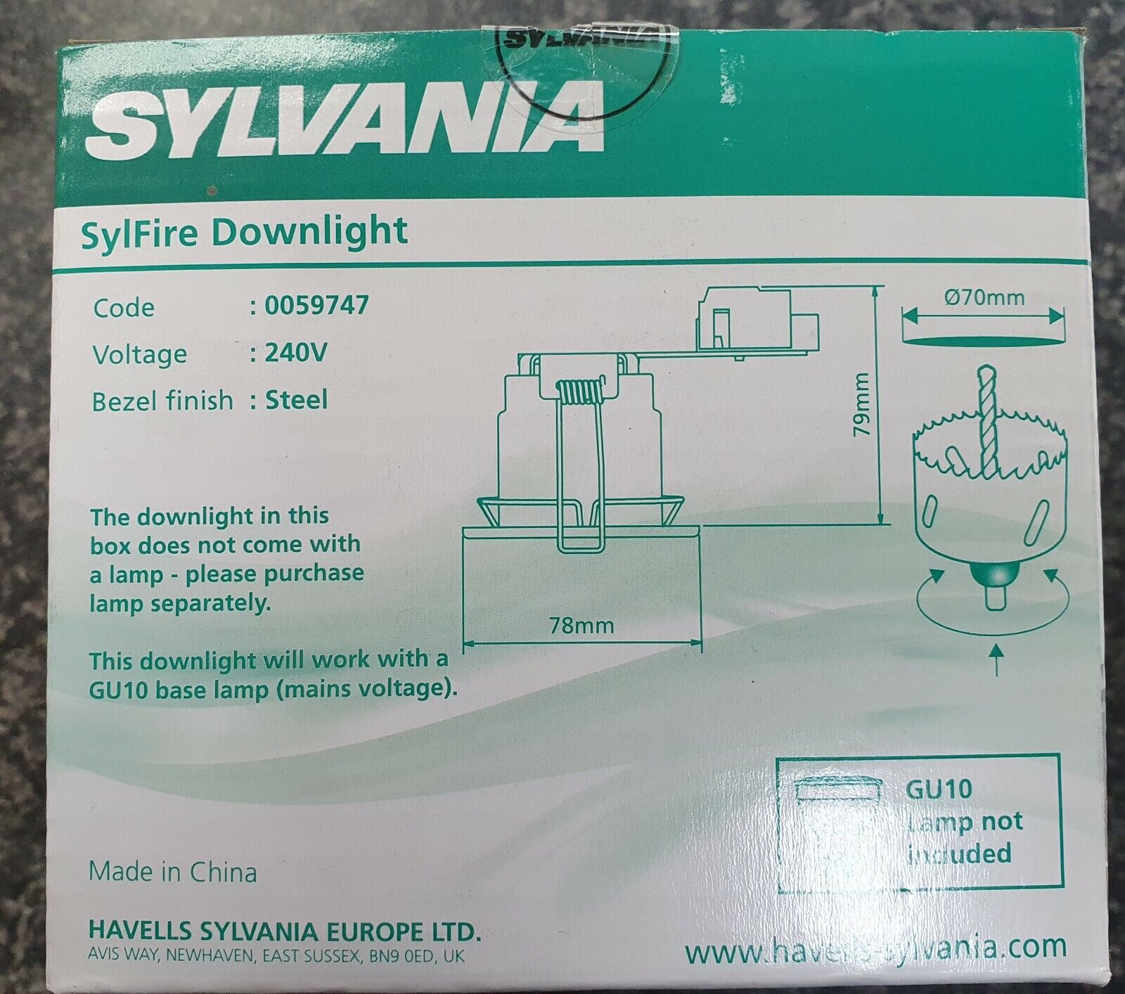 Chrome firerated 70mm cutout lamp not include Sylvania SylFire Downlight Steel