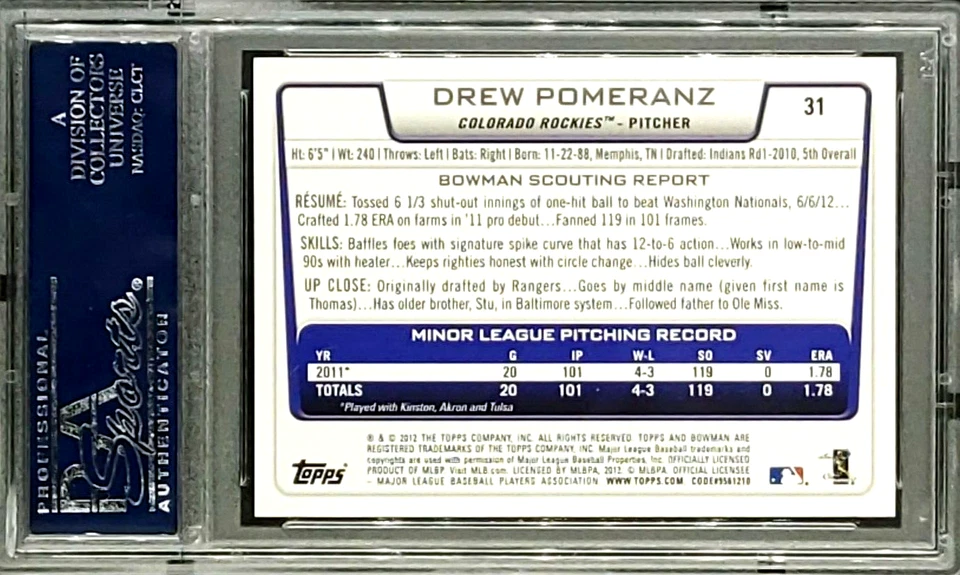 Bowman Draft Silver Ice #31 2012 Drew Pomeranz radiocontrol novato PSA 9 Pop 1 ninguno superior Foto 2 de 4