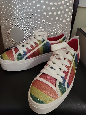 SHOES; Zara Women, 38 Rainbow Striped Shimmer Platform Lace Up
