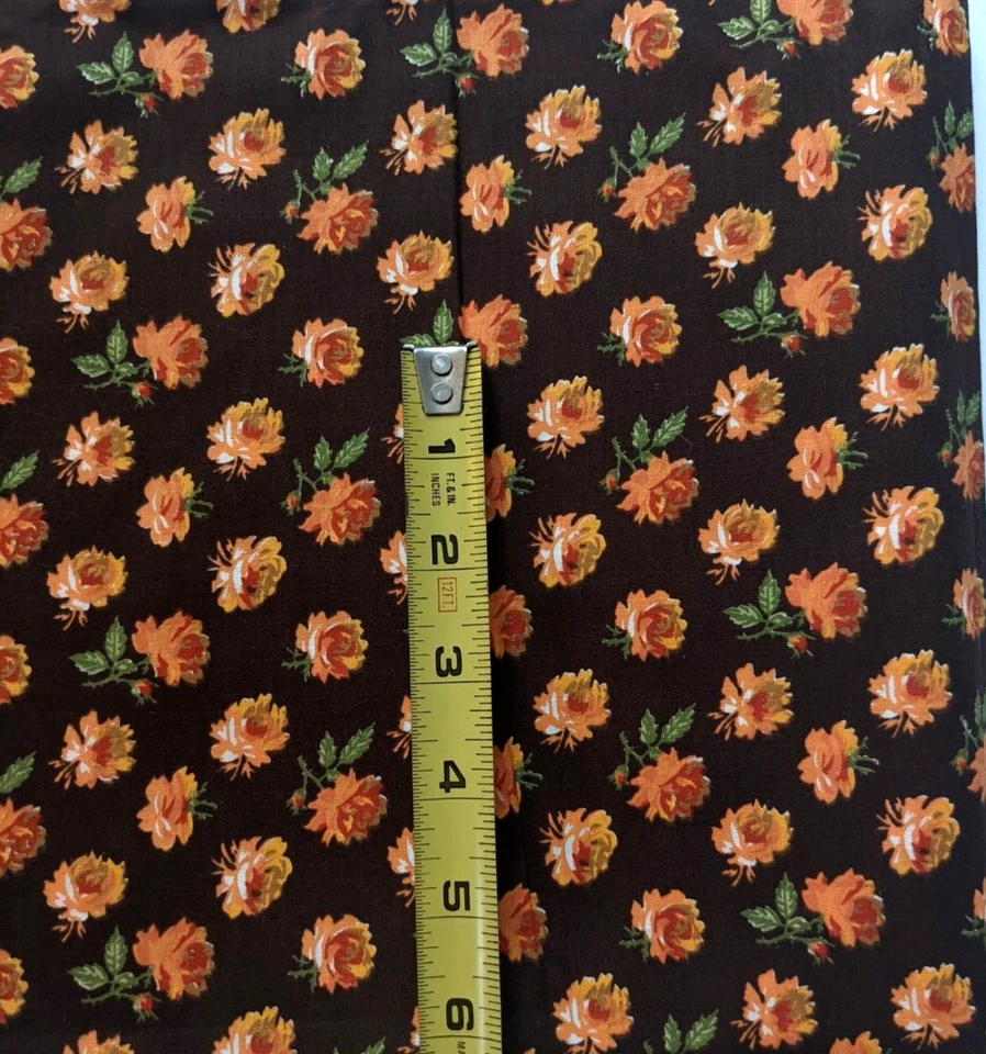 Vintage Mid-Century Floral Fabric Orange Rose Print Brown Background 44" by 2 YD - Image 3 of 4