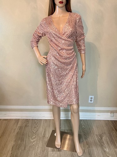 NANETTE LEPORE $285 Rare Rose Gold Sequin Faux-Wrap Dress V-Neck Knee Length 4