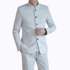 Men Chinese Style Slim Fit Embroidered Suit 2Pcs Blazer Jacket Pants Costume