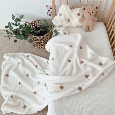 Baby Blanket Soft Fleece Bear Embroidery Infant Quilt Blanket