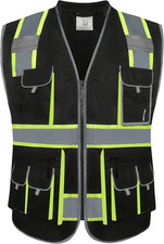 10 Pockets Hi-Vis Zipper Front Black Safety Vest Meets ANSI/ISEA Standards Medi