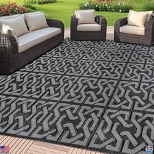 Reversible Plastic Straw Rug 9' x 12', Large Modern Outdoor Mat, Black & Grey