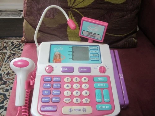 VTG Shop With Me Barbie Cash Register ~WORKS..i THINK?~~CARDS/ETC TURNS ON AND T