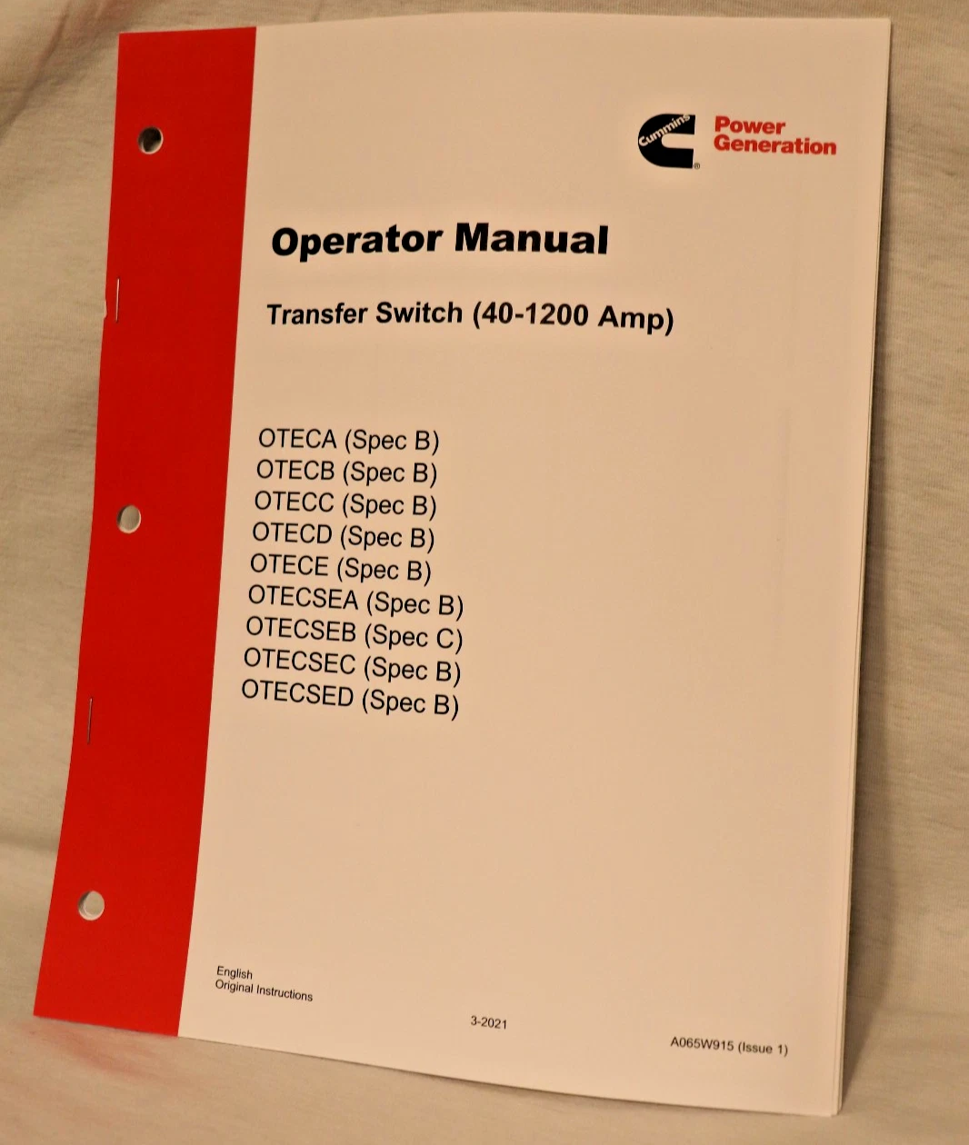 A065W915 Cummins Onan Operator Manual OTEC Spec B Transfer Switch 40-1200A ATS
