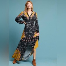 Farm Rio Floral-Blocked Maxi Dress Black Yellow XS