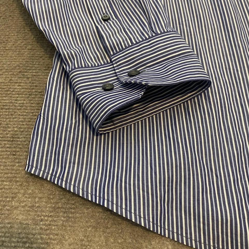 Camisa masculina Banana Republic XL azul branca listrada com botão ajustado Itália algodão - Imagem 3 de 4