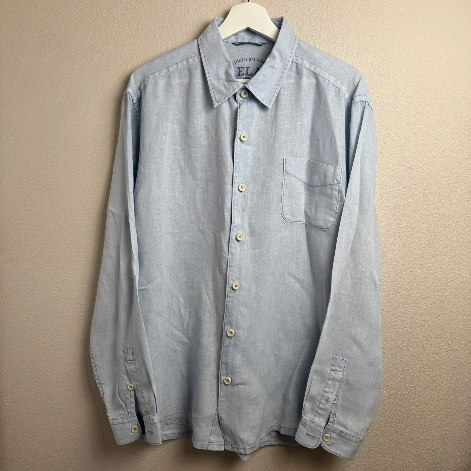 Tommy Bahama Relax Mens Large Light Blue 100% Linen Long Sleeve Coastal Vacation