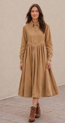 April Cornell Corduroy Prairie Dress XL Camel Beige 100% Cotton Cottagecore Boho