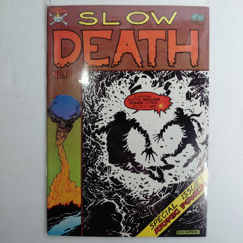 Slow Death Comix #6 & #9 comics with bold yellow title text, cover art of nuclear explosion and floating debris.