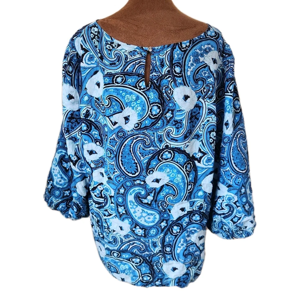 Talbots Топ Размер XL Синий Пейсли Принт Поповер Блузка Puff Рукав Вискоза Бохо - Изображение 3 из 4