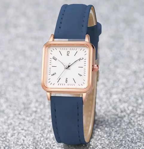 Ladies Womens Square Leather Strap Watch Blue Strap Casual Gold Coloured - Picture 3 of 4