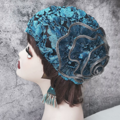 Women Beanie Floral Perforated Lace Basque Net 3D Sweet Retro Flower Hat