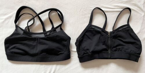 2 Lululemon Black Sports Bras XS Strappy Mesh Front Zip & Hook