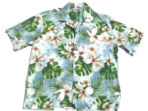 Pacific Legend Apparel Mens 2XL Hawaiian Shirt Blue White Hibiscus