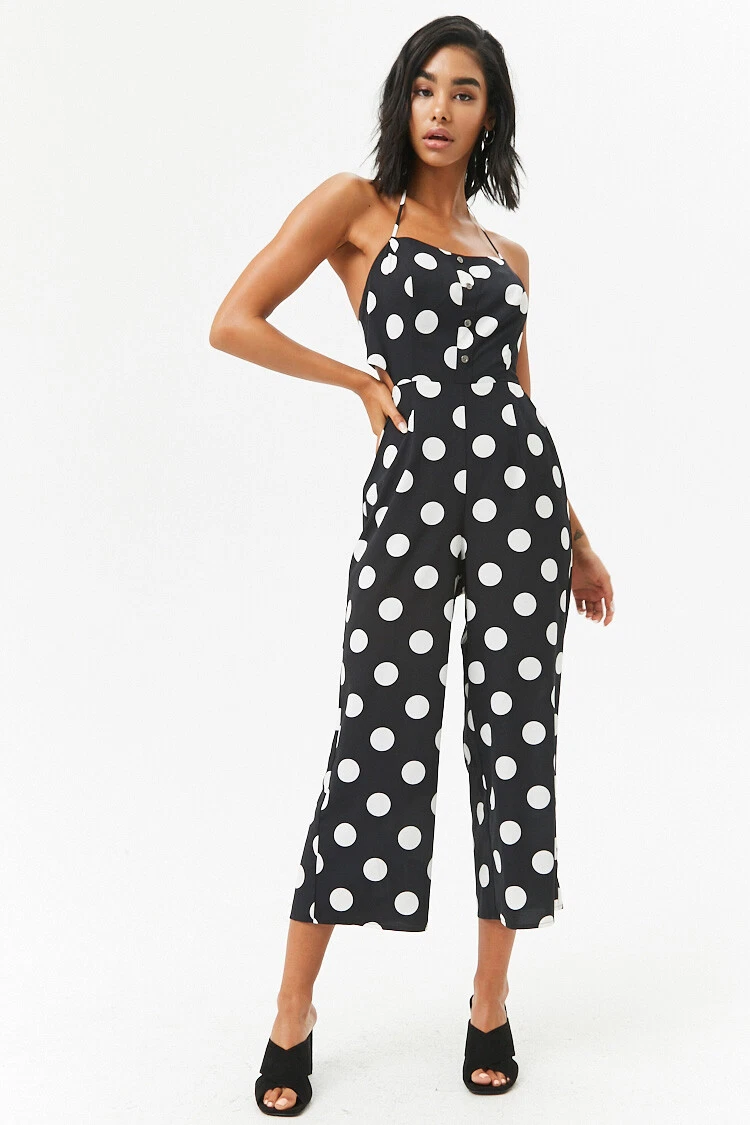 Forever 21 Black White Polka Dot Capri Jumpsuit Medium M eBay