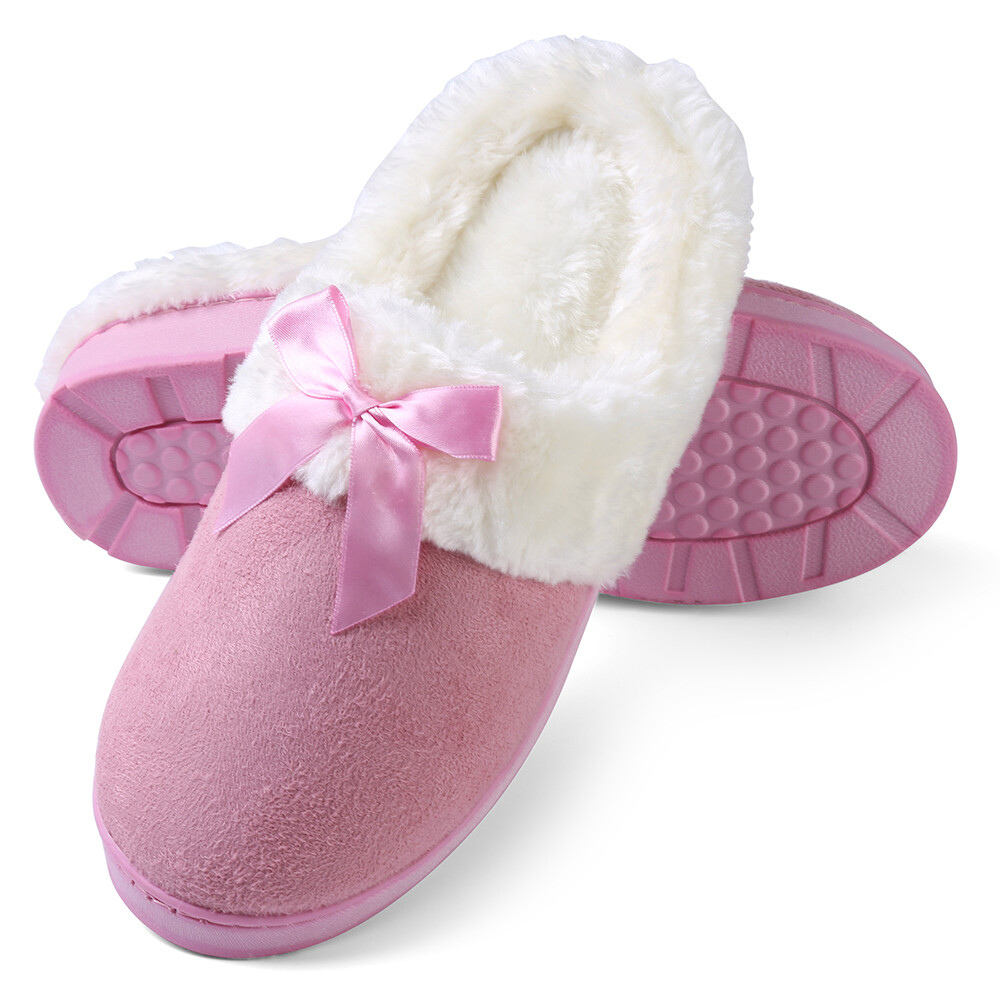 Aerusi Women Fuzzy Warm Suede Faux Fur Memory Foam Slippers House Shoes  With Bow