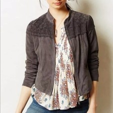 Anthropologie Elevenses Gray Suede Jacket Eyelet Cut Out Detail Zip Sz 10