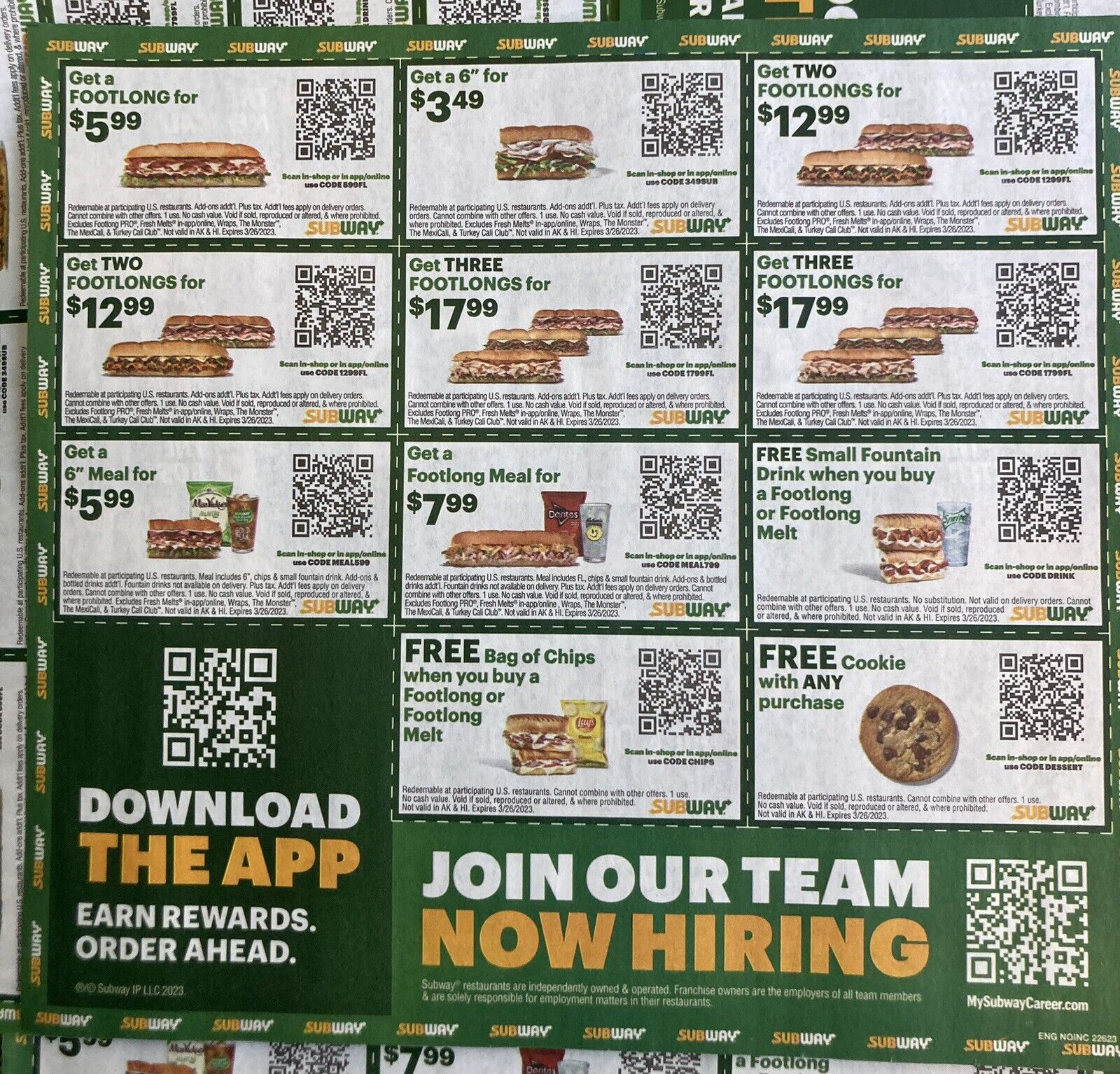 5 Sheets Of Subway Coupons Exp. 3/26/2023