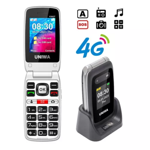 UNIWA V202T 4G Flip móvil Bluetooth SOS sin contrato para personas mayores móvil plegable - Imagen 1 de 13