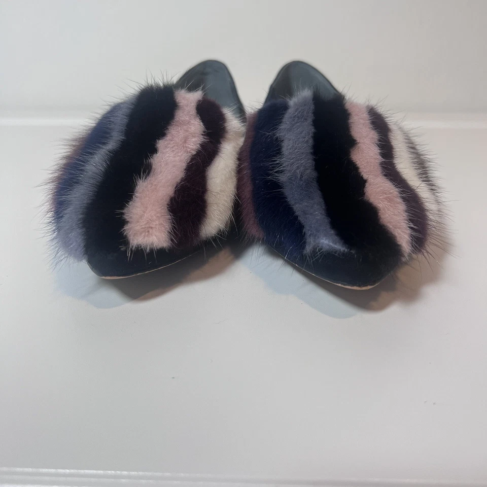Rebecca Minkoff Amelie Black Leather Multicolor Mink Fur Front Flats Size 8.5M - Image 3 of 4