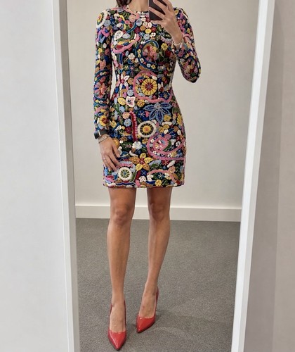 Nadine Merabi S/M Multicolour Floral Embroidered Beaded Mini Dress - Long Sleeve