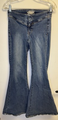 Free People Womens 27 Wide Leg Flare Jeans Mid Rise Boho Blue Denim Retro
