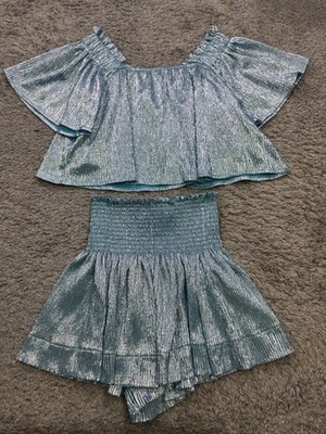 Queen of Sparkles Women XS Swing Shorts Smocked Flutter Crop Top 2pc Set Blue