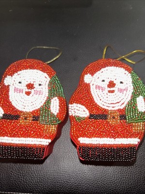 Lot of 2 Vintage Santa Satin Bead Box w Lid Ornament See's Candy Co 3.5 x 2.75''