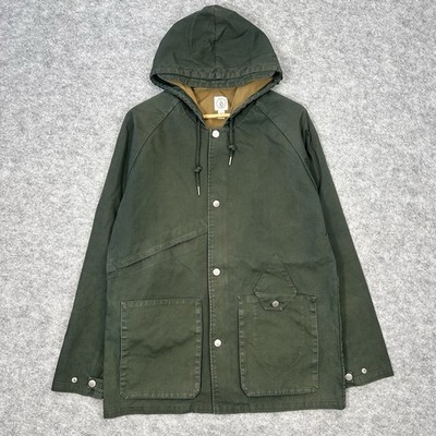 Volcom Storken Jacke Herren Medium Militärgrün durchgehender Reißverschluss Kapuze Utility Mantel C76