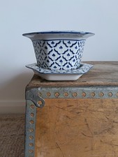 Small Vintage Ceramic Blue White Planter Plant Pot Saucer