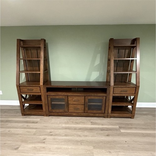 Brown Contemporary Entertainment Unit Wood Glass Doors Shelves Drawers