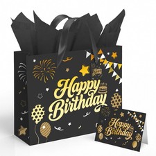 13 Inch Black Birthday Gift Bag Set with Tissue Paper Greeting Card Happy