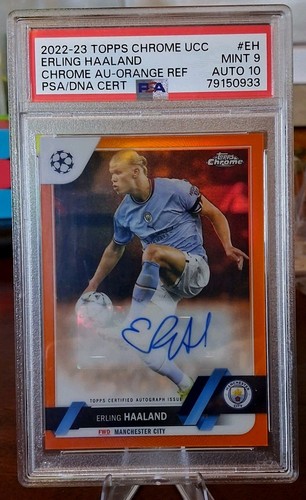 2022-23 Topps Chrome UCC Erling Haaland Orange Refractor Auto /25 PSA 9 Auto 10