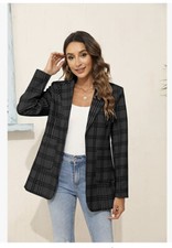 Grlasen Womens Casual Blazer Black/Gray Plaid Office Outerwear Suit Jacket L