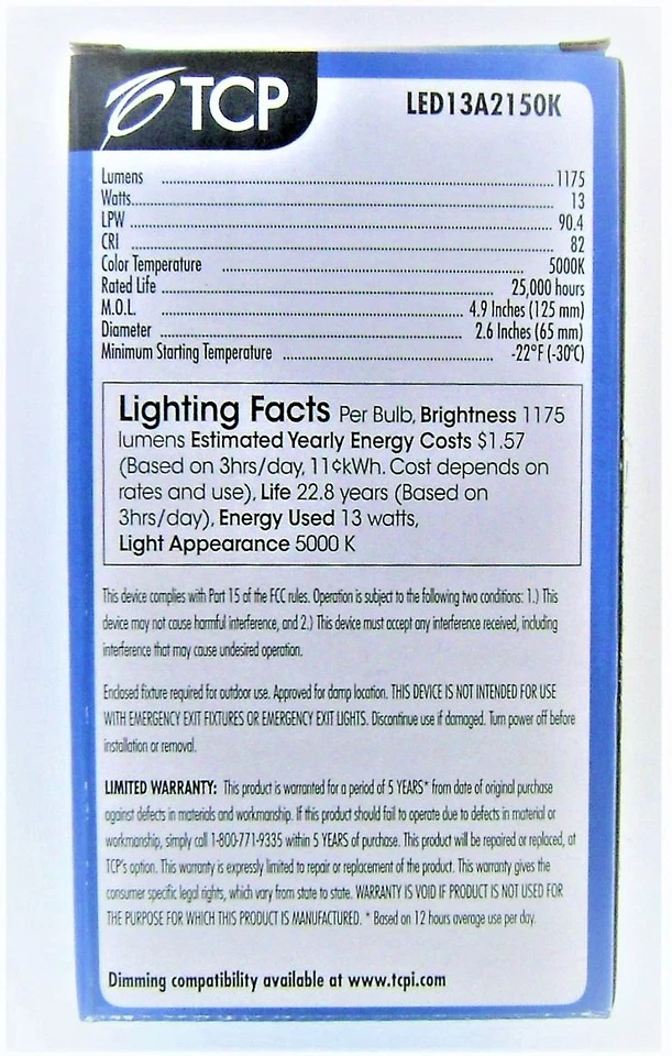 6 of 13W 5000K A21 Non Dimmable LED Light Bulb 75W Replacement TCP LED13A2150K - Image 3 of 4