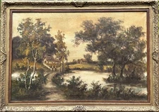 ANTQ 19th C European Original Large O/C "Village Landscape" Signed H. Ludden