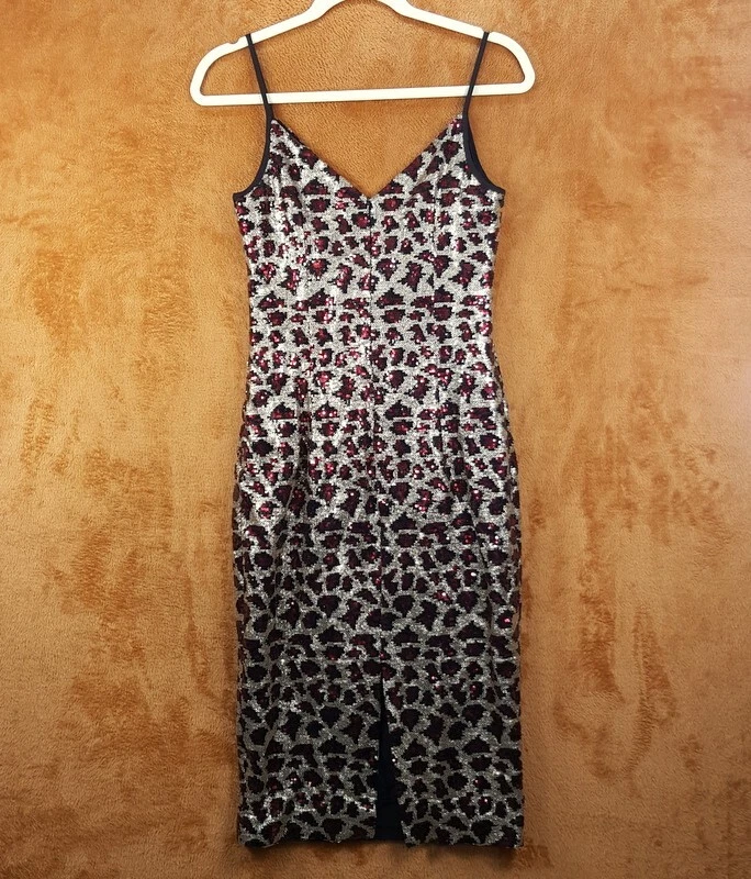 黑色 HALO 连衣裙女式 0 码金色豹纹 Midi Sequins 鸡尾酒 Glam AMORIE — 第 4/4 张图片