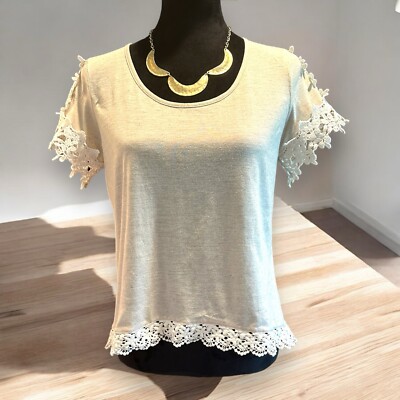 Takara Size Medium Beige High Low Top Crochet Accent Linen Blend Boho Casual