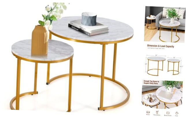 LUARANE Nesting Coffee Table, 24”Round Coffee Table, Industrial Side Golden