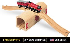 Wooden Train Track Set with Over  Under Tunnel Bridge and Easy Connect Design