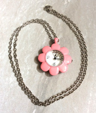 Pink Flower Quartz Watch Pendant on Silver Chain Necklace for Women Lady NEW
