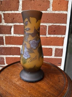 Signed Galle cameo glass landscape forest Blue Flowers vase 9 5/8 inch High