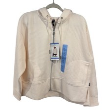 DKNY Womens Ottoman Full Zip Hoodie Sand Beige Ribbed Jacket Large DP4J9567