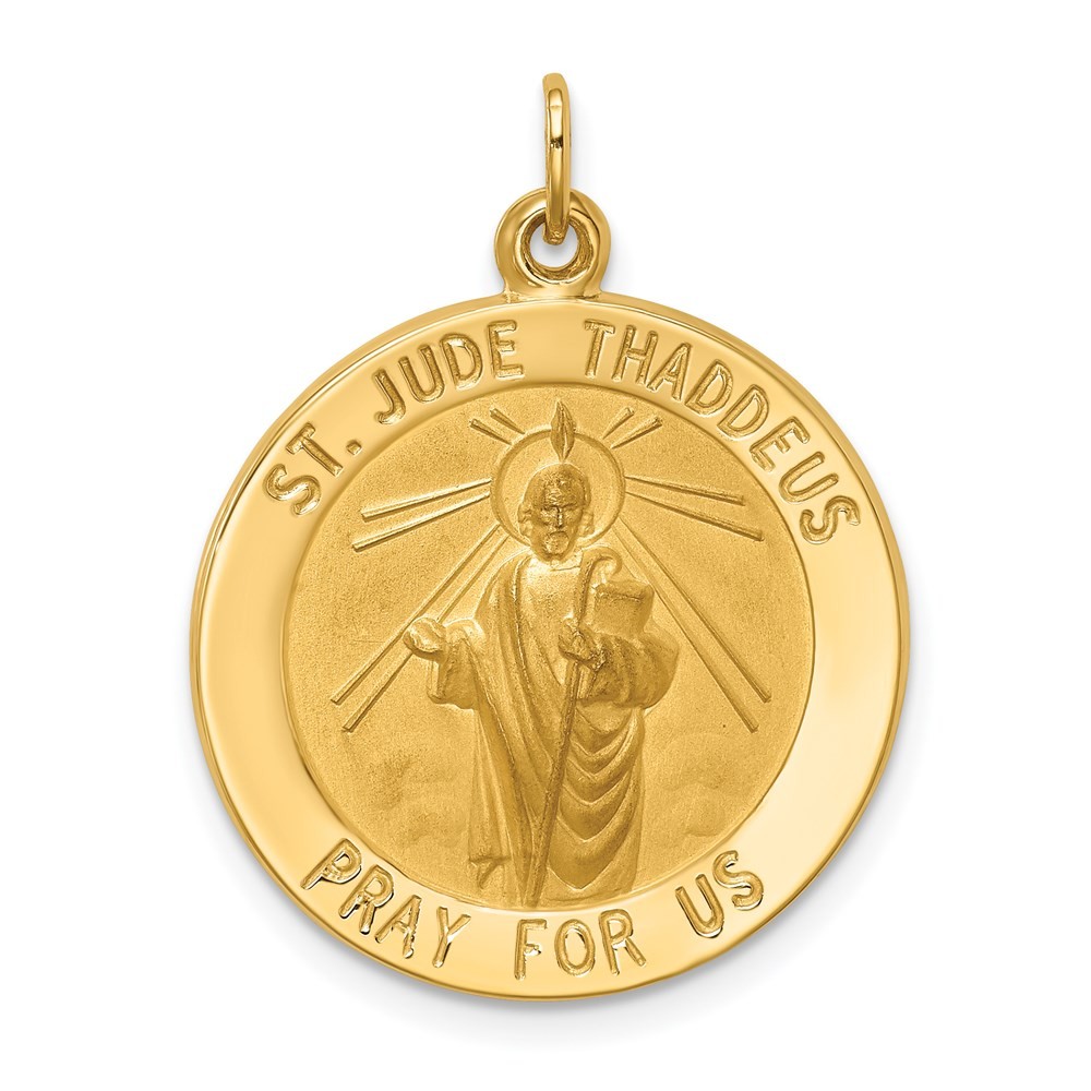 14K Yellow Gold Polished and Satin Solid St. Jude Thaddeus Medal Round Pendant