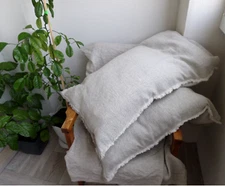 Fringed Pillow cover with buttons natural Stone Washed linen pillowcase Frayed